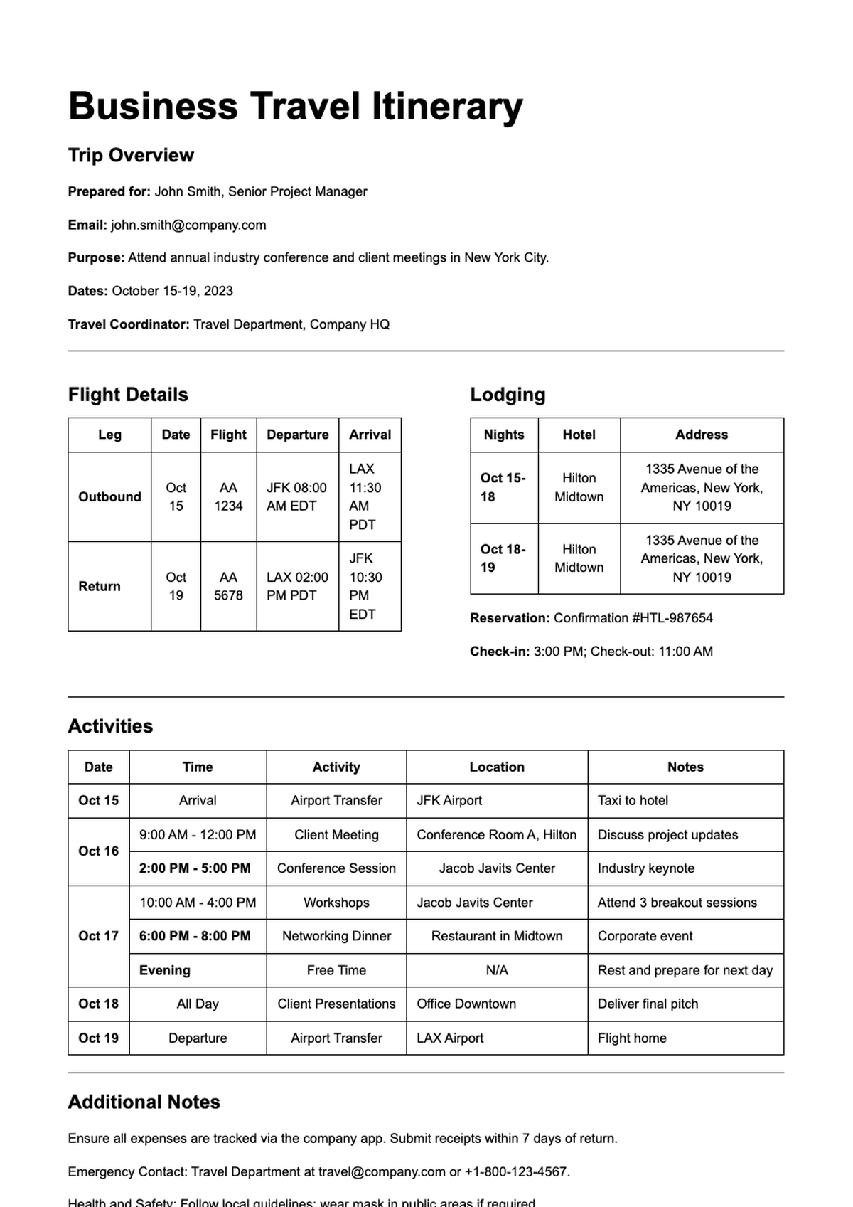 Professional business travel itinerary with flight lodging and activities details_variant_1